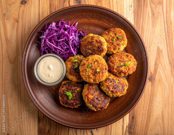 Fototapeta Delicious Falafel Plate with Red Cabbage, Tahini Sauce, and Rustic Wooden Table.