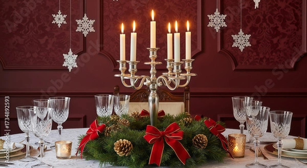 Fototapeta A formal dining table set for a christmas celebration, featuring a centerpiece wreath, lit candelabra, crystal glasses, and festive snowflake decorations