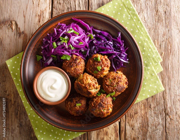 Fototapeta Golden Falafel Balls with Vibrant Purple Cabbage Slaw  Creamy Dip on Rustic Wood Table, Top View.