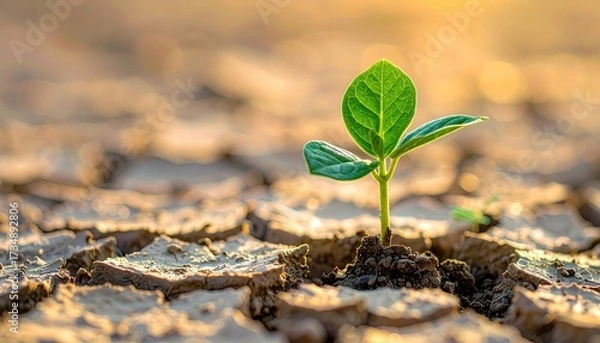 Fototapeta Sprout growing in dry soil. Hope concept. Sun shining on cracked earth backdrop