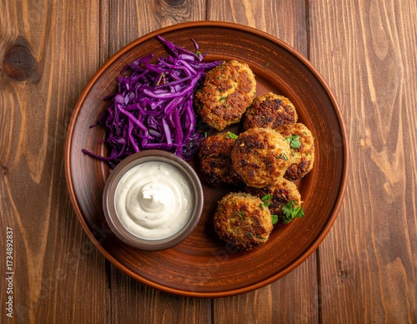 Fototapeta Golden-Brown Falafel Patties with Creamy Dip and Vibrant Red Cabbage Salad on Rustic Wood.