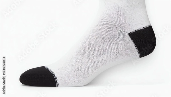 Fototapeta Blank white cotton long sock with black heel on invisible foot isolated on white background as mock up for advertising, branding, design, side view, template.