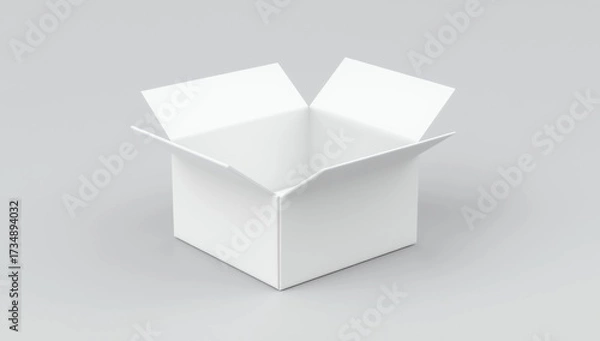 Fototapeta Blank white cube gift box with opened hinged flap lid on white background. Clipping path around box mock up. 3d illustration