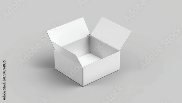 Fototapeta Blank white cube gift box with opened hinged flap lid on white background. Clipping path around box mock up. 3d illustration
