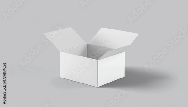 Fototapeta Blank white cube gift box with opened hinged flap lid on white background. Clipping path around box mock up. 3d illustration