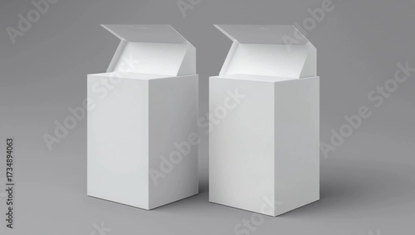 Fototapeta Blank white cube gift box with opened hinged flap lid on white background. Clipping path around box mock up. 3d illustration