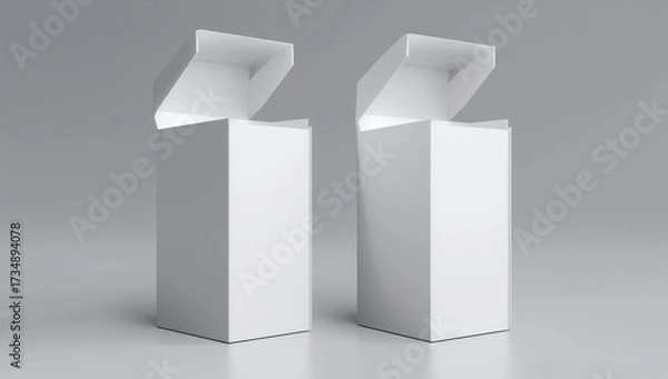 Fototapeta Blank white cube gift box with opened hinged flap lid on white background. Clipping path around box mock up. 3d illustration