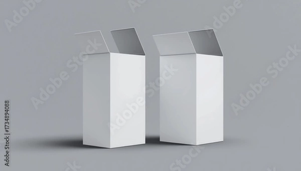 Fototapeta Blank white cube gift box with opened hinged flap lid on white background. Clipping path around box mock up. 3d illustration