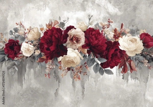 Fototapeta A sophisticated floral arrangement of deep burgundy and creamy white blooms, set against a textured backdrop of muted greys and rich tones.