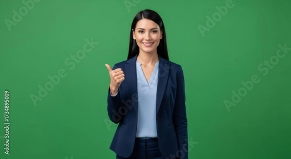 Obraz Woman showing thumbs up on green screen background. Isolated business concept for chromakey effect.