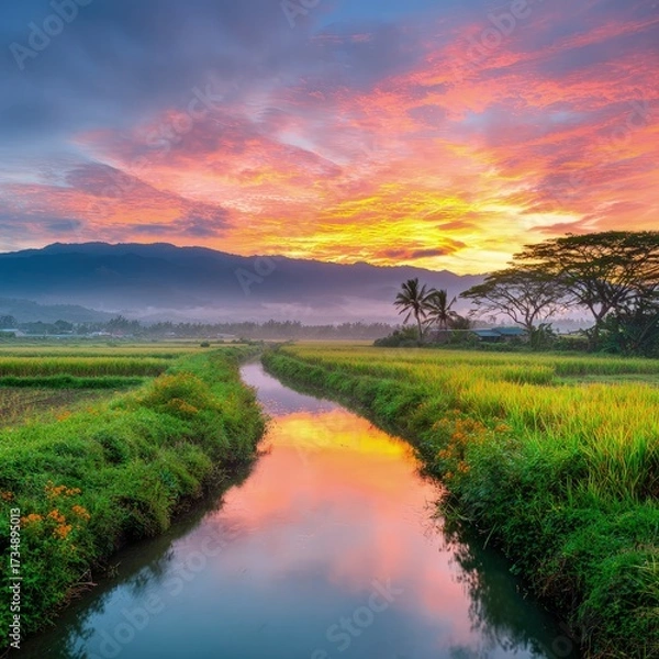 Fototapeta Colorful Sunrise Over Rice Paddy Fields With River Reflection