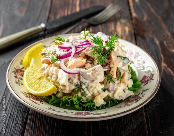 Fototapeta Gourmet Creamy Fish Salad with Lemon and Red Onion on a Rustic Vintage Plate.