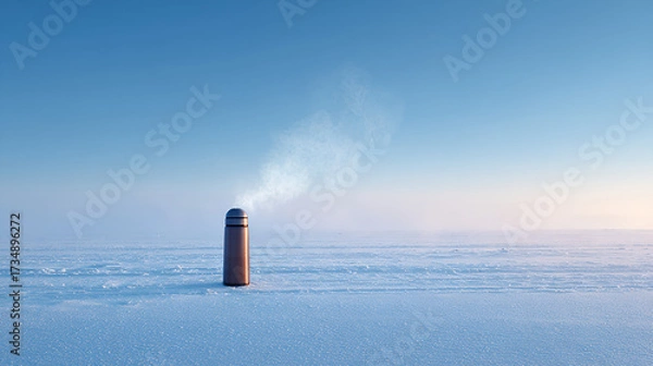 Fototapeta Steaming thermos snowy field minimal winter