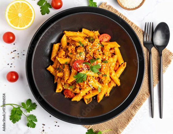 Fototapeta Penne Pasta with Tomato Sauce, Parsley, and Lemon Slice on Dark Plate, Top View.