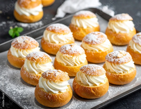 Fototapeta Golden Choux Pastries with Swirled Cream Filling, Dusted with Icing Sugar on a Dark Tray.