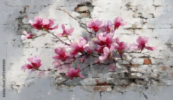 Fototapeta Delicate magnolia blossoms bloom against a weathered gray brick wall, painted with soft hues of pink and gray.