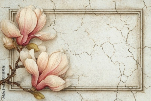 Obraz Ornate magnolia blossoms on a distressed, framed, light beige background.