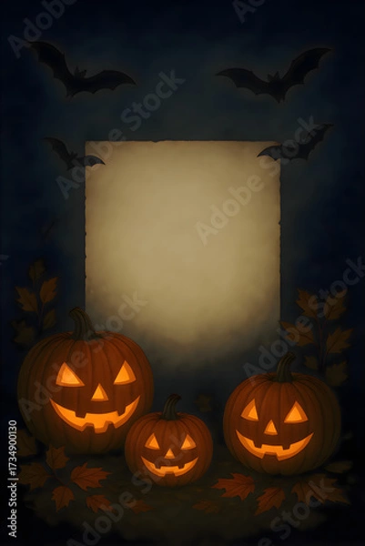 Fototapeta Pumpkins sitting next to a piece of paper with bats on it placed on a spooky autumn surface creating a halloween festive atmosphere and seasonal holiday decoration scene