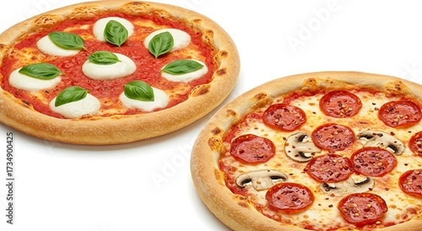 Obraz Delicious pizzas with fresh toppings on a white surface for culinary concepts
