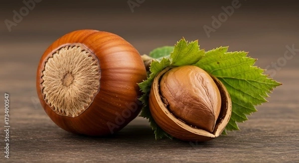 Fototapeta Close up of two hazelnuts with leaves on a wooden surface