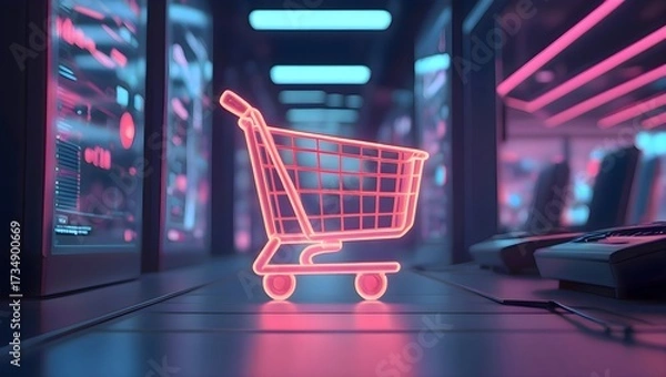 Fototapeta Shopping cart placed on the floor next to a computer symbolizing online retail commerce digital marketing and holiday discount promotions for seasonal sales