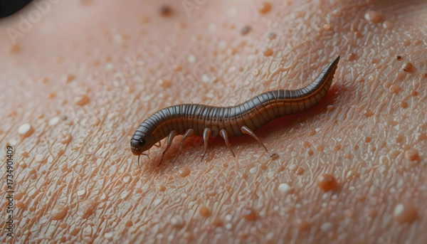 Fototapeta Close up macro shot of centipede crawling across human skin highlighting insect body texture detail and interaction between arthropod and person surface