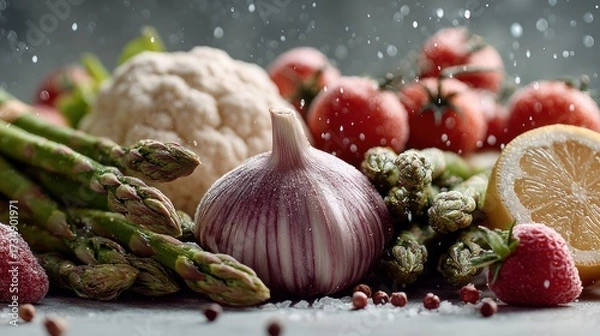 Fototapeta A medley of fresh vegetables and fruit creates a vibrant culinary palette