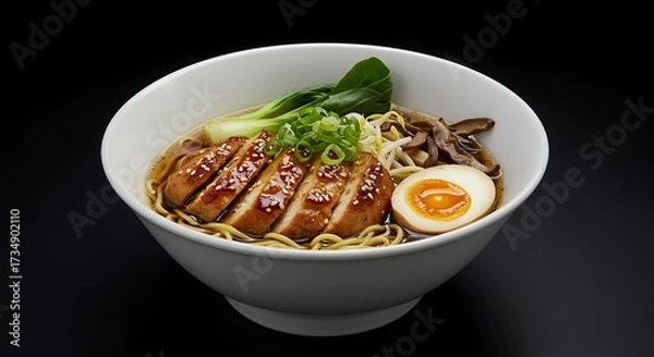 Obraz Delicious ramen bowl with chicken egg and vegetables isolated on black background