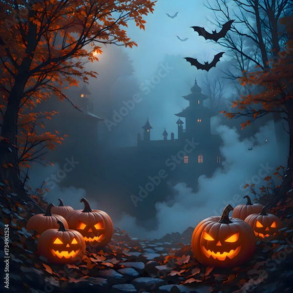 Fototapeta Pumpkins sitting on the ground in front of a historic castle during autumn season with scenic background and halloween festive atmosphere