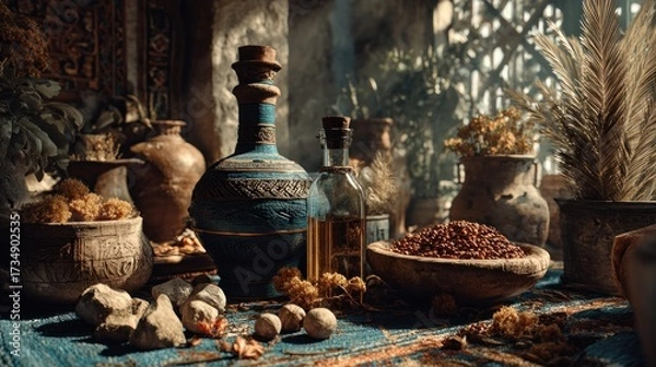 Fototapeta Mystical Still Life: Ancient Vessels, Natural Elements, and Textural Richness