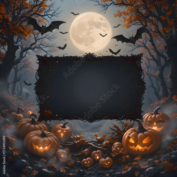 Fototapeta Spooky halloween forest at night with pumpkins and flying bats creating a mysterious and festive seasonal atmosphere for autumn holiday decorations