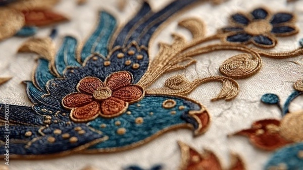 Fototapeta Detailed embroidery artwork showcasing a bird design with floral elements