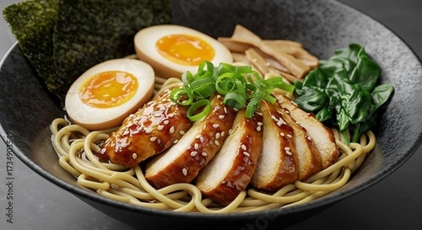 Obraz Delicious ramen bowl with noodles eggs chicken and fresh vegetables