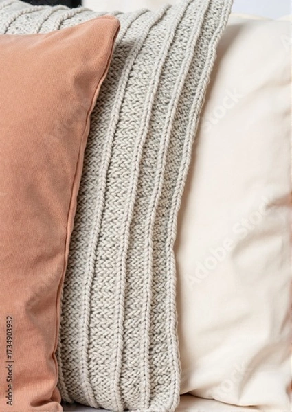 Fototapeta Tactile psychotherapy concept. Decorative pillows of various textures in neutral colors on a sofa.
