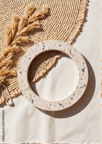 Fototapeta A tactile psychotherapy concept. Decorative terrazzo tiles on textured beige fabric with dried grass.