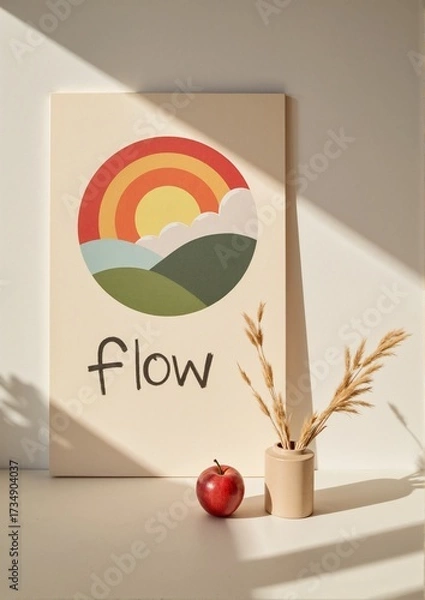 Fototapeta Colorful poster with sunrise graphic and text 'flow' on table  