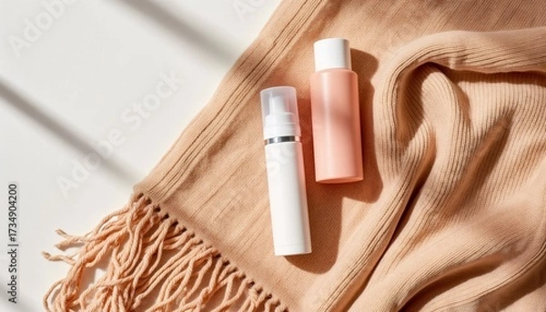 Fototapeta Skin care products on light fabric with soft shadows in natural light  