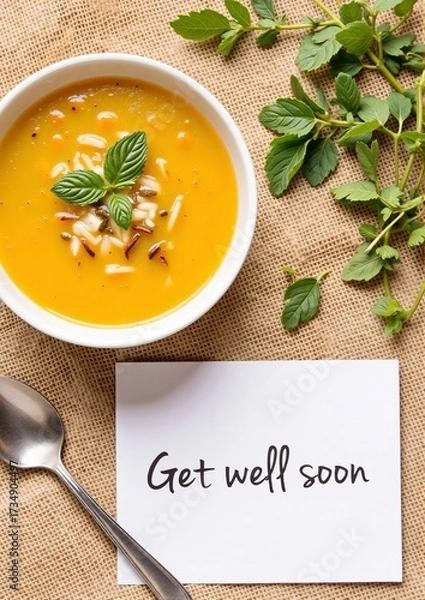 Fototapeta Creamy soup in a bowl with mint leaves and a get well soon card  