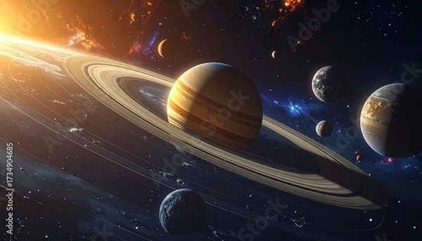Obraz Planetary System in Deep Space: A Celestial Panorama of Planets and Rings