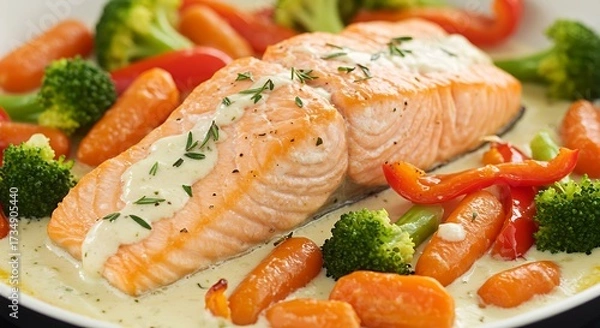 Obraz Delicious salmon dish with fresh vegetables overhead view