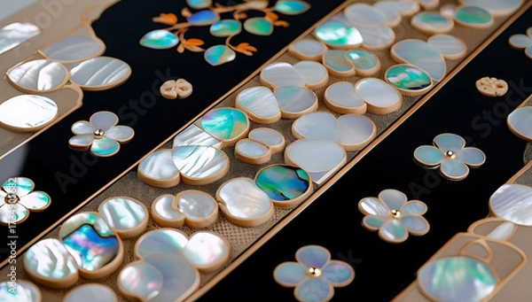Fototapeta Korean mother-of-pearl patterns. Korean Lacquerware Pattern Design, featuring intricate Mother-of-Pearl Inlay on a rich black Lacquer background, crafted by traditional Korean Najeonchilgi artists