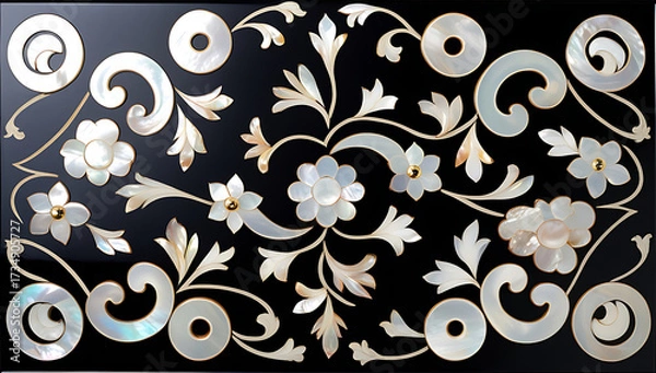 Fototapeta Korean mother-of-pearl patterns. Korean Lacquerware Pattern Design, featuring intricate Mother-of-Pearl Inlay on a rich black Lacquer background, crafted by traditional Korean Najeonchilgi artists