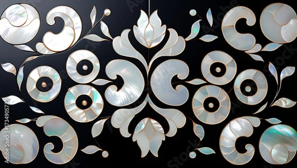 Fototapeta Korean mother-of-pearl patterns. Korean Lacquerware Pattern Design, featuring intricate Mother-of-Pearl Inlay on a rich black Lacquer background, crafted by traditional Korean Najeonchilgi artists