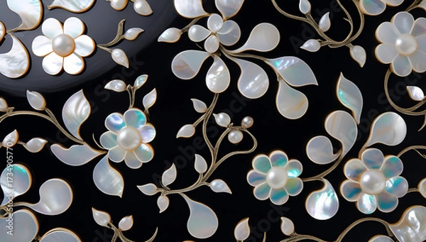 Fototapeta Korean mother-of-pearl patterns. Korean Lacquerware Pattern Design, featuring intricate Mother-of-Pearl Inlay on a rich black Lacquer background, crafted by traditional Korean Najeonchilgi artists