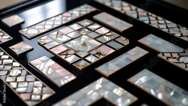 Fototapeta Korean mother-of-pearl patterns. Korean Lacquerware Pattern Design, featuring intricate Mother-of-Pearl Inlay on a rich black Lacquer background, crafted by traditional Korean Najeonchilgi artists
