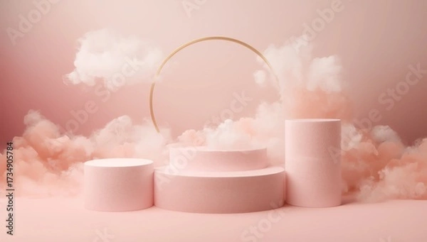 Fototapeta Modern Minimal Step Pink Podium With White Cloud And Gold Ring Abstract Background 3d Render