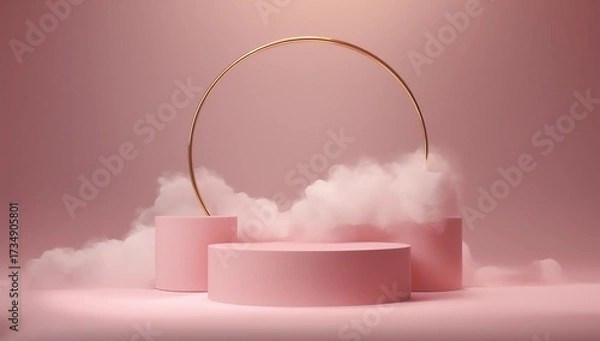 Fototapeta Modern Minimal Step Pink Podium With White Cloud And Gold Ring Abstract Background 3d Render