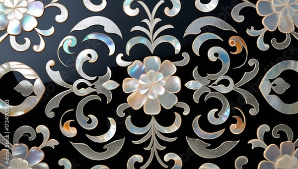 Fototapeta Korean mother-of-pearl patterns. Korean Lacquerware Pattern Design, featuring intricate Mother-of-Pearl Inlay on a rich black Lacquer background, crafted by traditional Korean Najeonchilgi artists