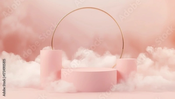 Fototapeta Modern Minimal Step Pink Podium With White Cloud And Gold Ring Abstract Background 3d Render