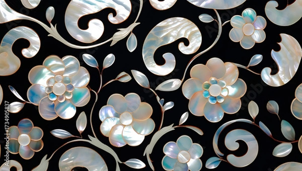 Fototapeta Korean mother-of-pearl patterns. Korean Lacquerware Pattern Design, featuring intricate Mother-of-Pearl Inlay on a rich black Lacquer background, crafted by traditional Korean Najeonchilgi artists
